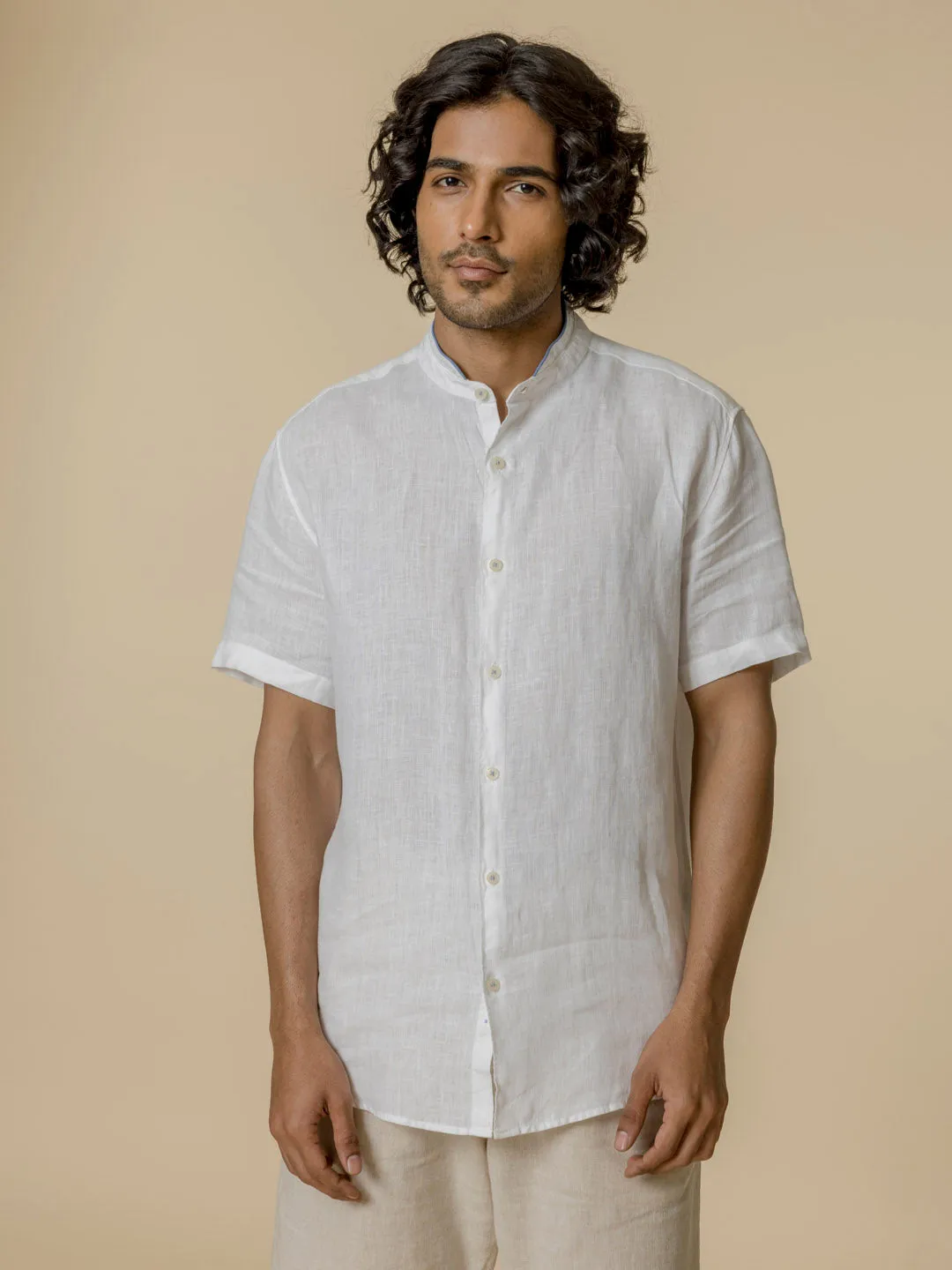 Essential 100% Linen Mandarin Collar White Shirt - Relajarse