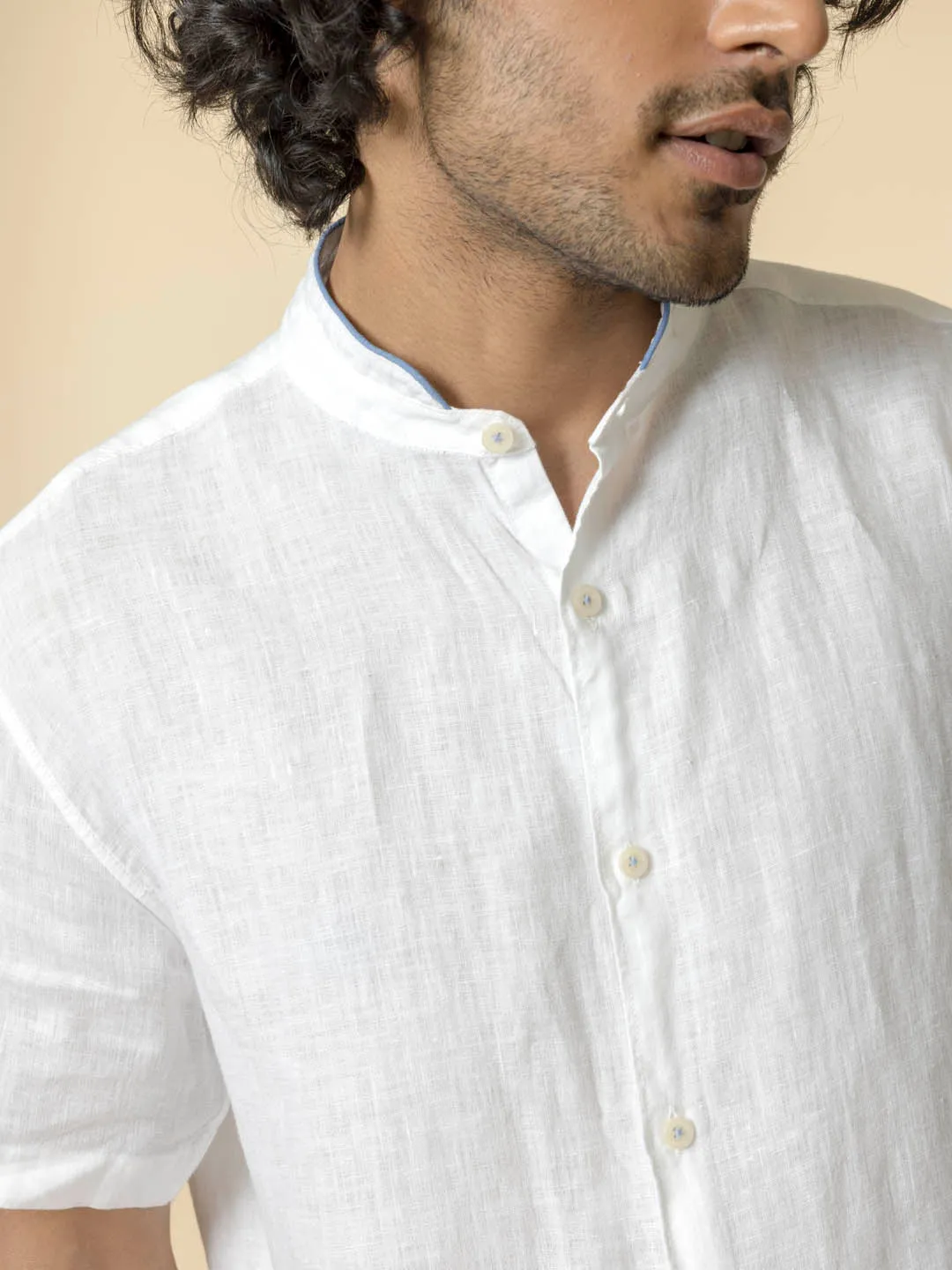 Essential 100% Linen Mandarin Collar White Shirt - Relajarse