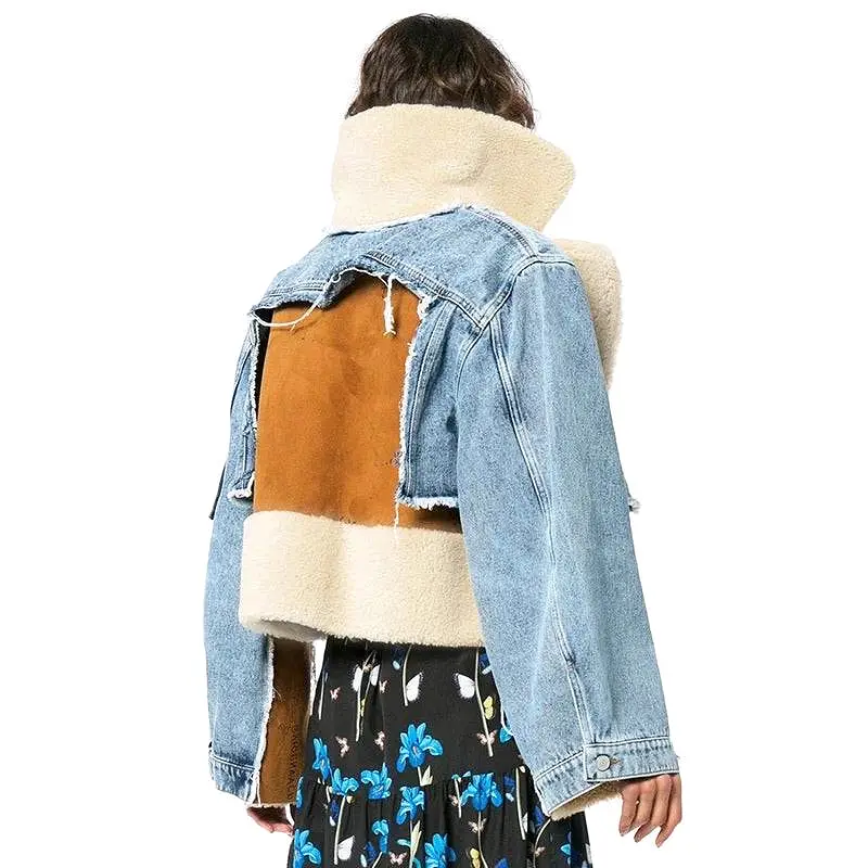 Faux Fur Collar Denim Jacket With Patches