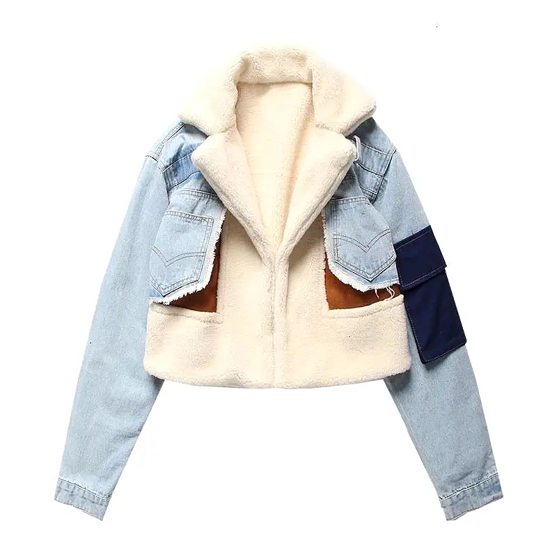 Faux Fur Collar Denim Jacket With Patches