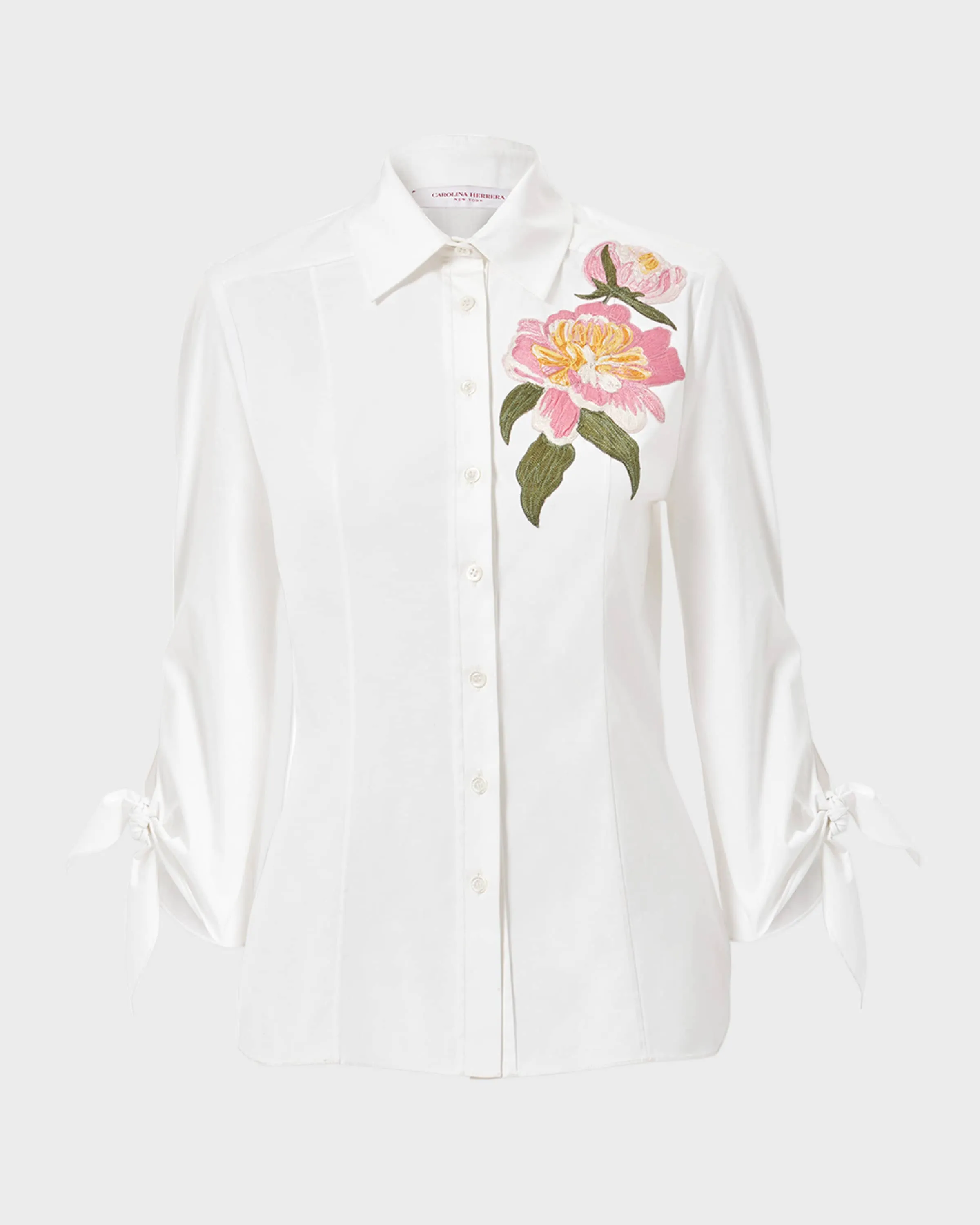 Floral Embroidered Tie-Sleeve Button-Down Shirt