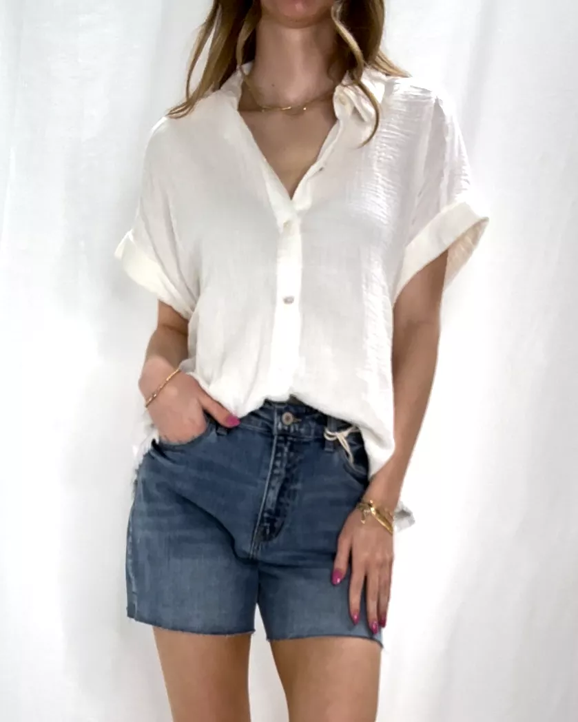 Fringe Hem Button Down Top - White