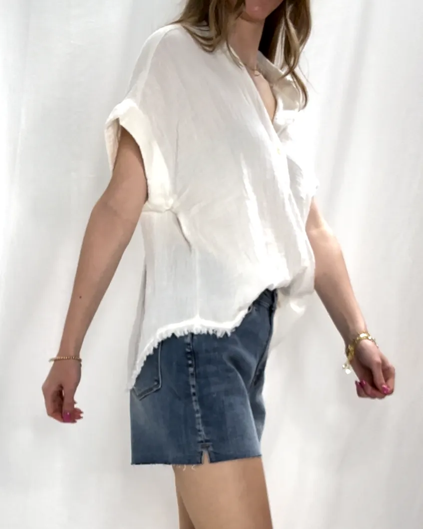 Fringe Hem Button Down Top - White