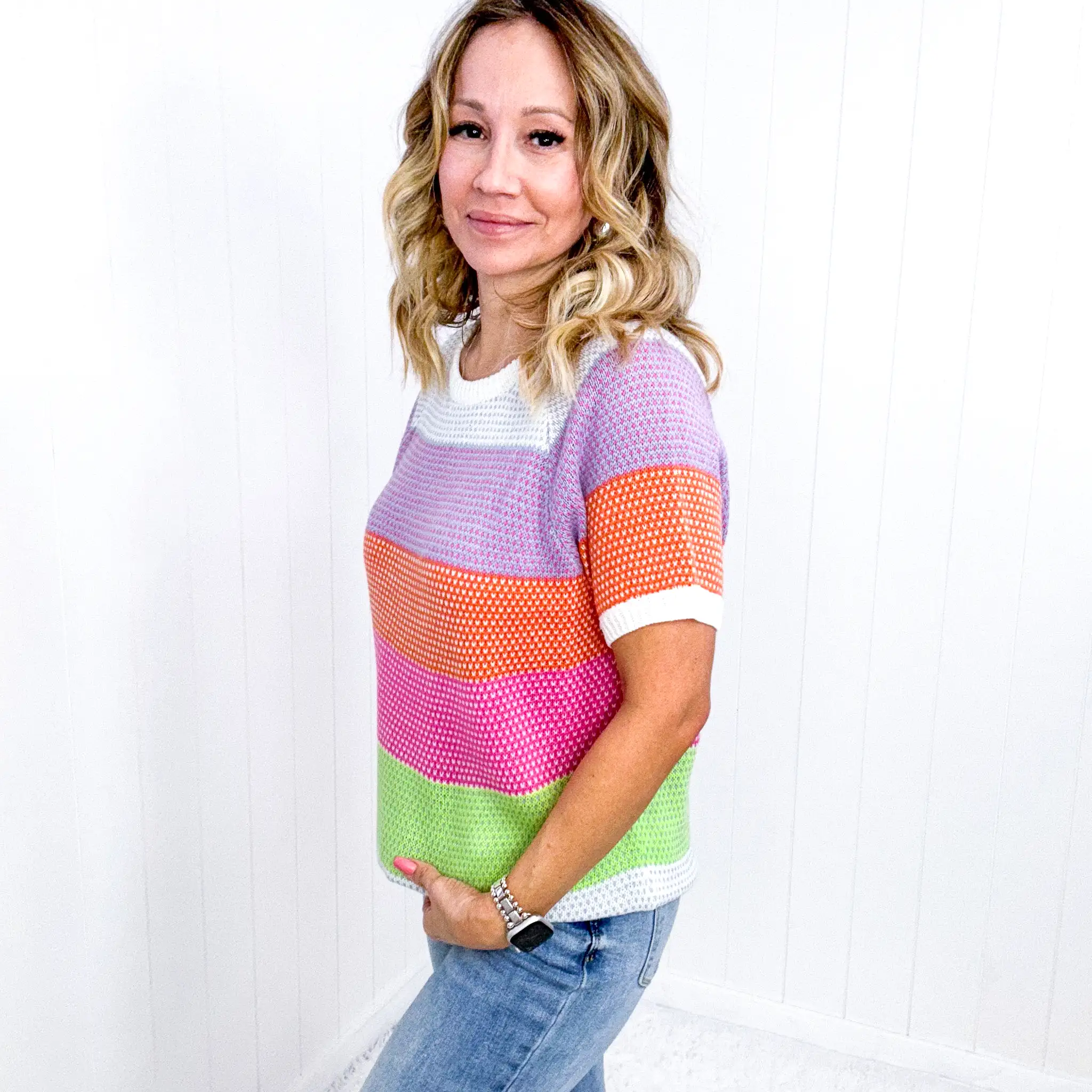 Get Started Lavender and Orange Stripe Short Sleeve Sweater Top