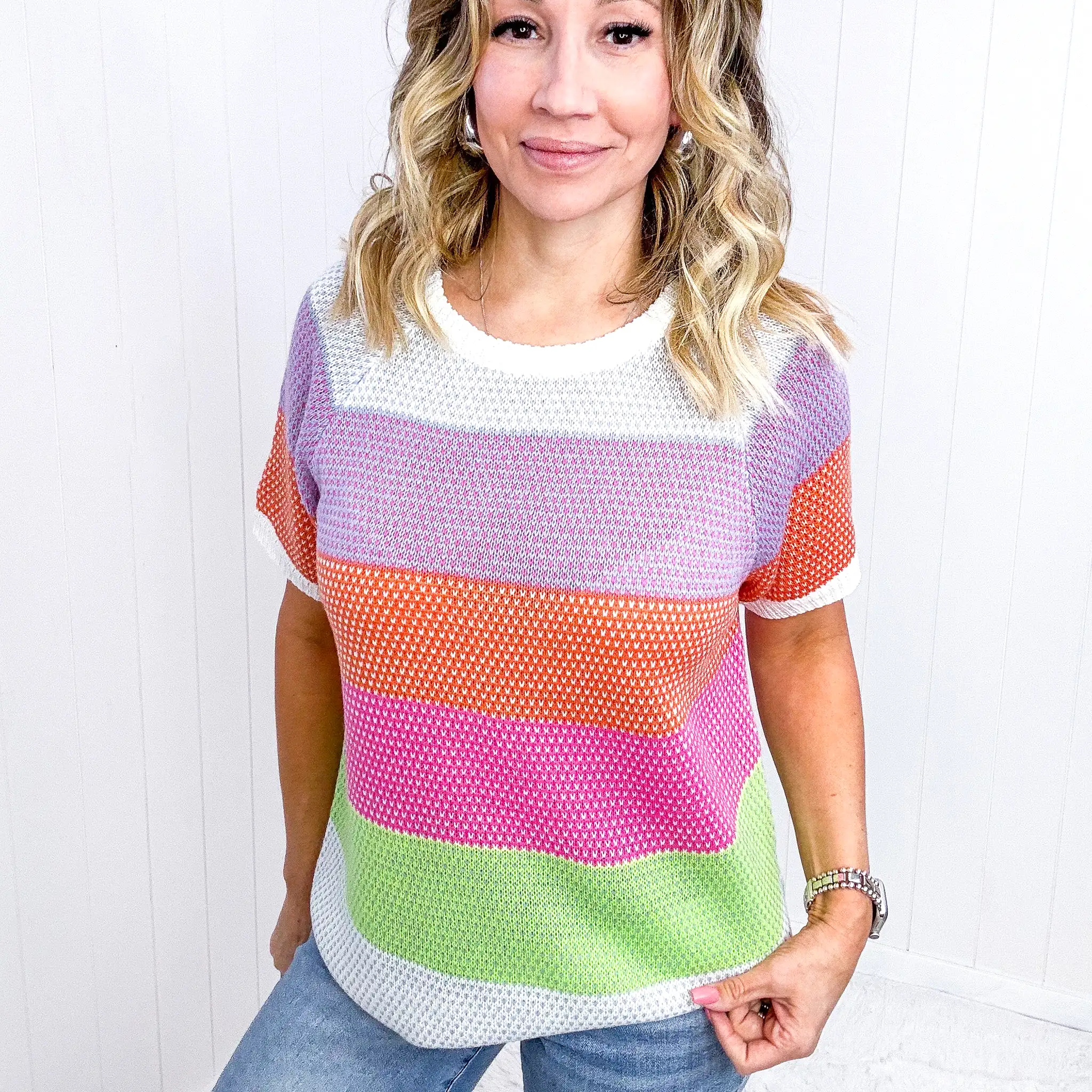 Get Started Lavender and Orange Stripe Short Sleeve Sweater Top