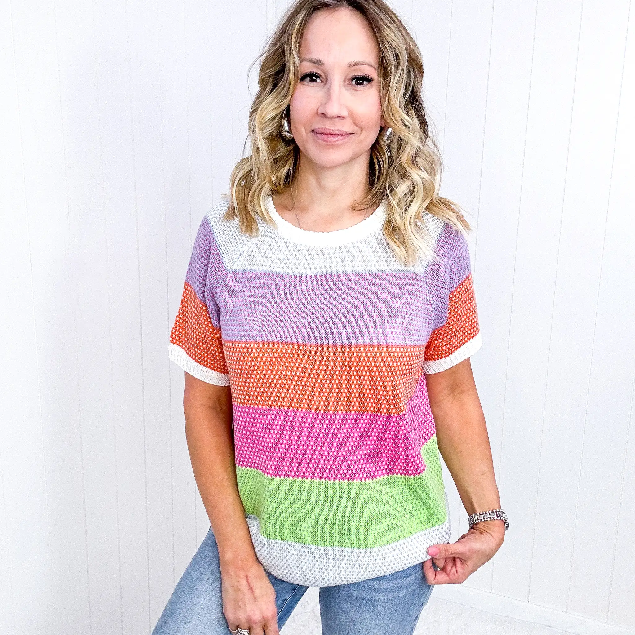 Get Started Lavender and Orange Stripe Short Sleeve Sweater Top