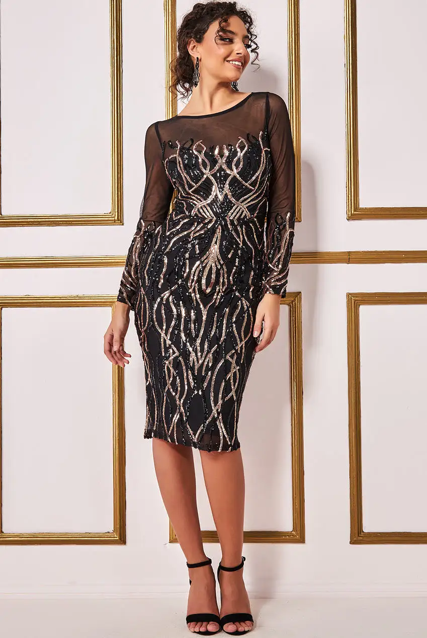 Goddiva Long Sleeve Sequin Flame Midi Dress