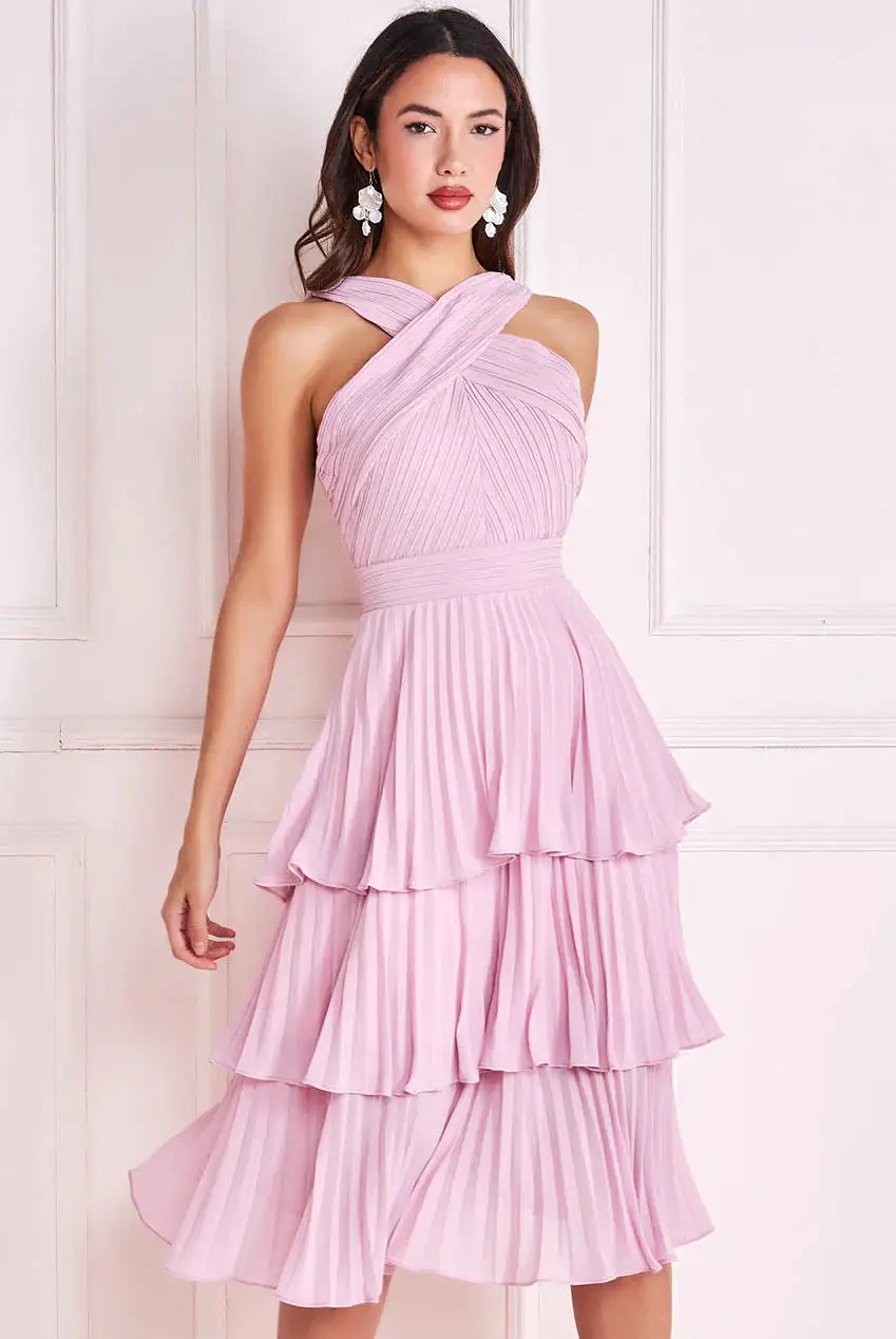 Goddiva Pleated Bodice Plain Chiffon Tiered Midi Dress