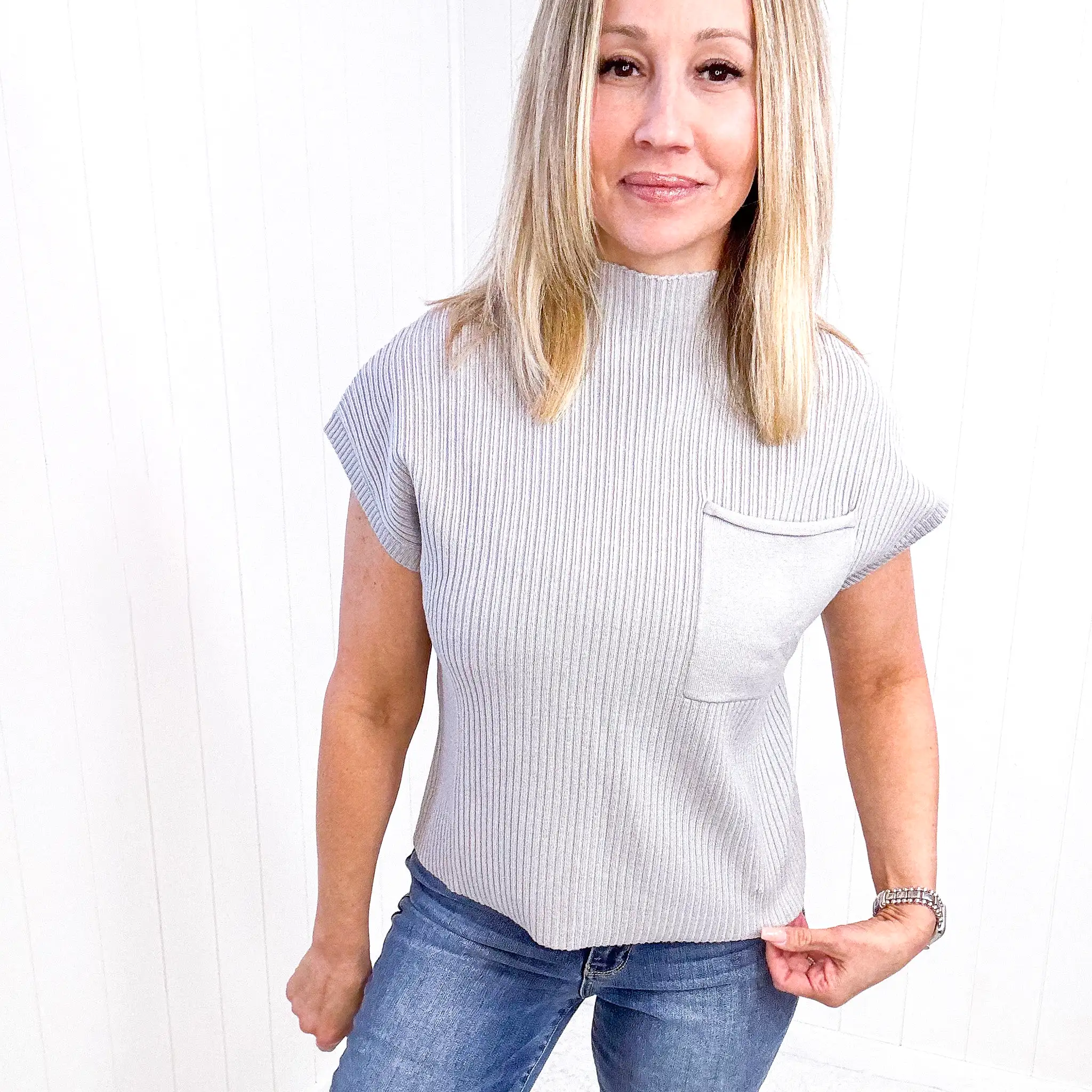 Grey This Little Life Mock Neck Short Sleeve Sweater