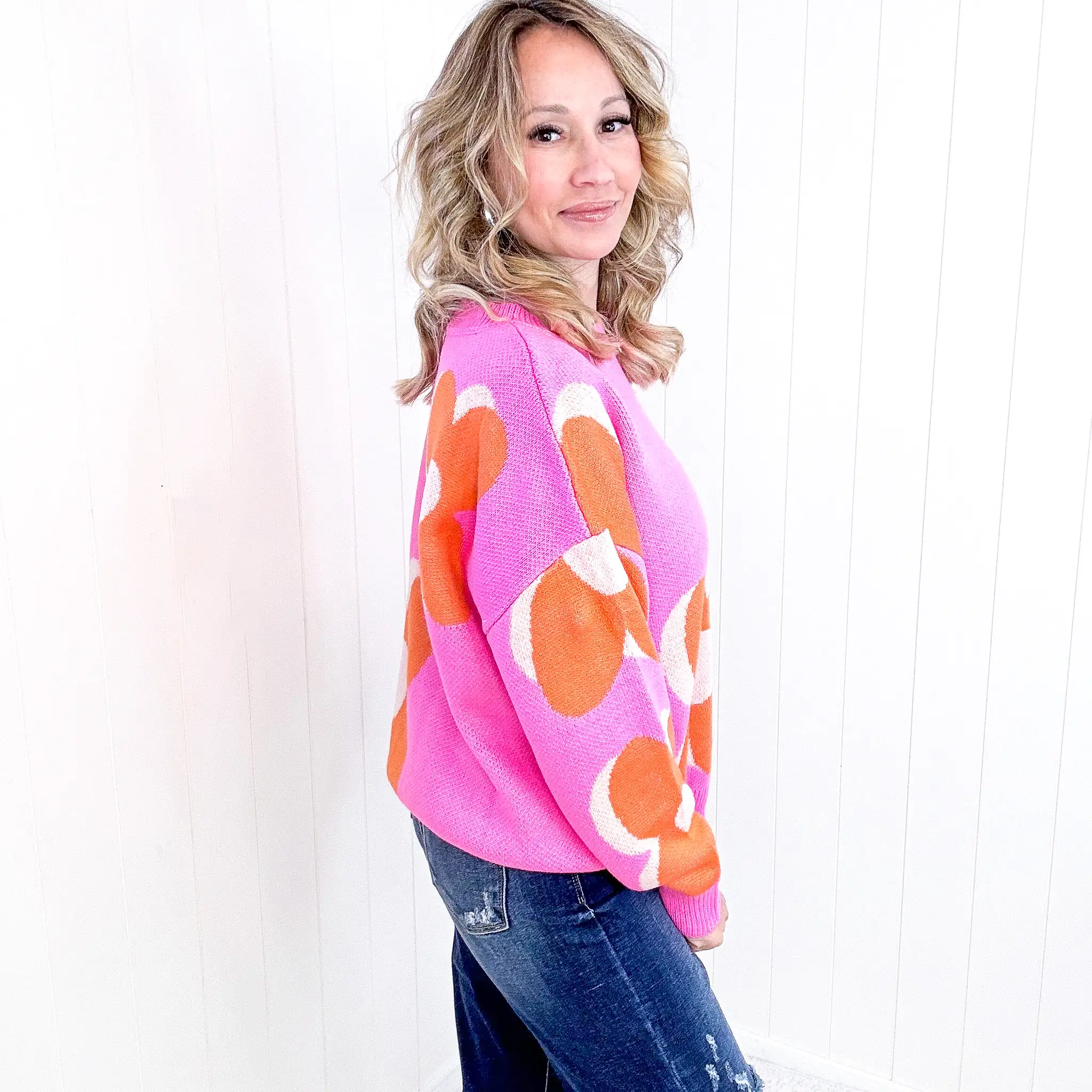 Hot Pink Quietly Bold Mod Orange Floral Sweater