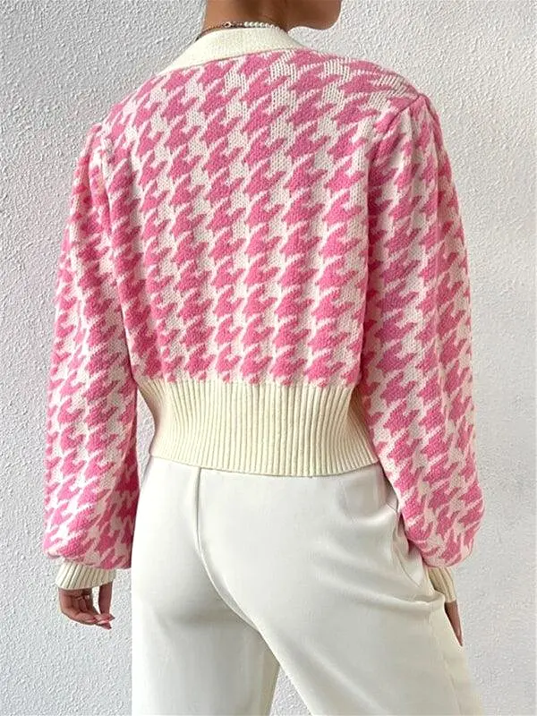 Houndstooth Lantern Sleeve Cardigan Sweater