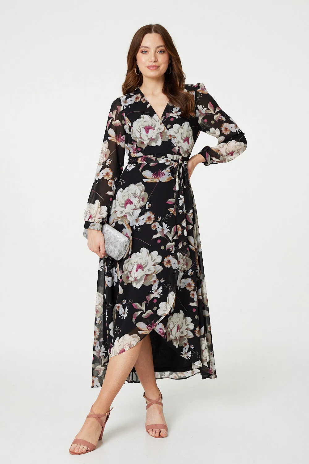 Izabel London – Floral Long Sleeve Tie Waist Wrap Midi Dress