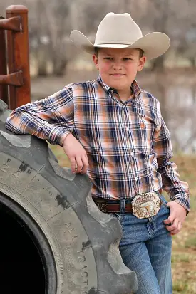 Kid's Orange, Navy And White Plaid Button-Down Shirt