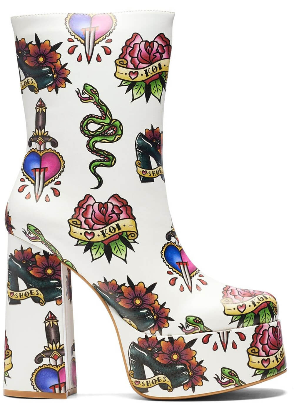 Koi Footwear Verdict Of A Serpent & Dagger Tattoo Platform Boots White