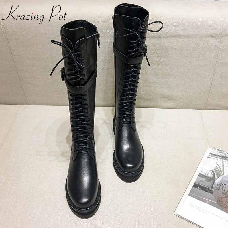 Leather Lace Up Med Heels Round Toe Punk Boots