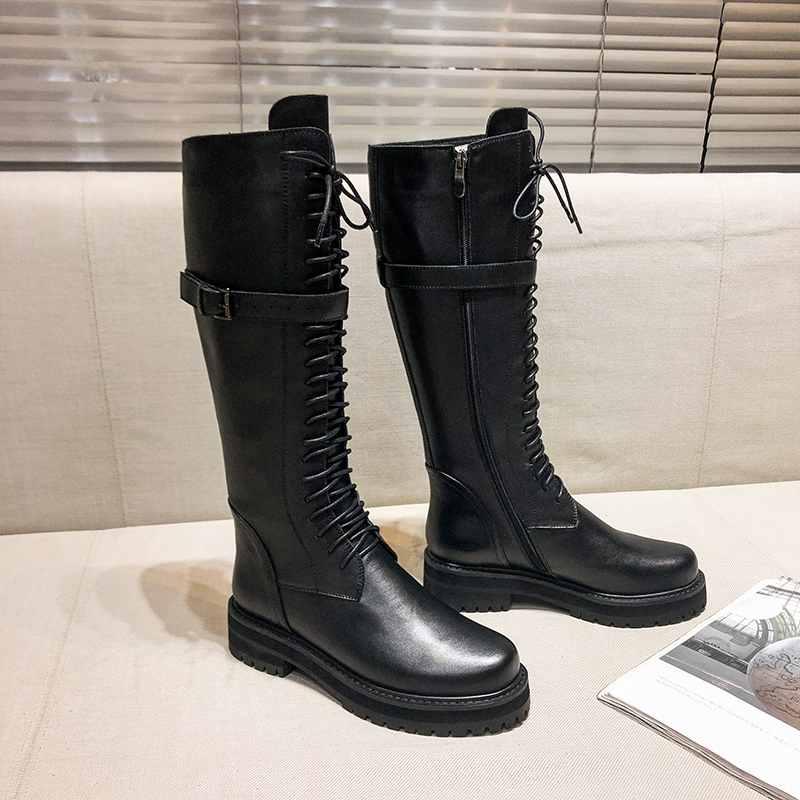 Leather Lace Up Med Heels Round Toe Punk Boots