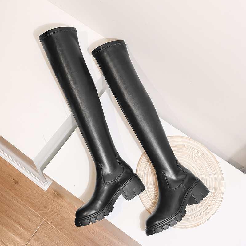 Leather Stretch Over-the-knee Boots Round Toe High Heels