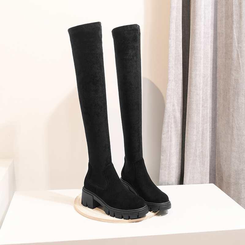 Leather Stretch Over-the-knee Boots Round Toe High Heels