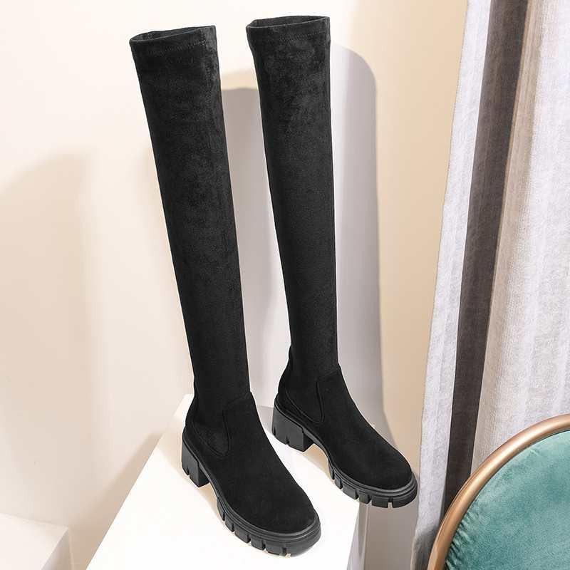 Leather Stretch Over-the-knee Boots Round Toe High Heels