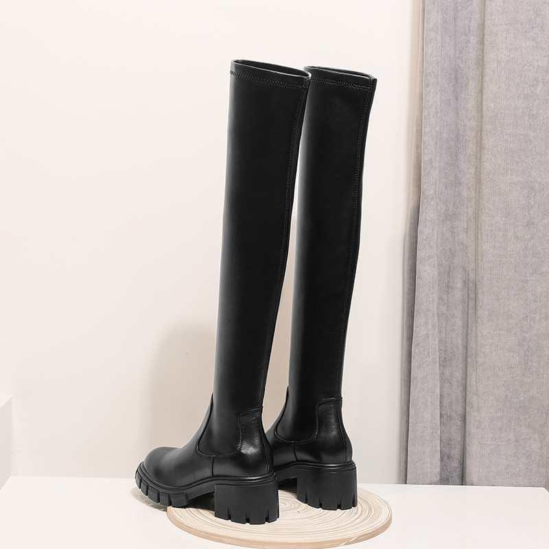 Leather Stretch Over-the-knee Boots Round Toe High Heels