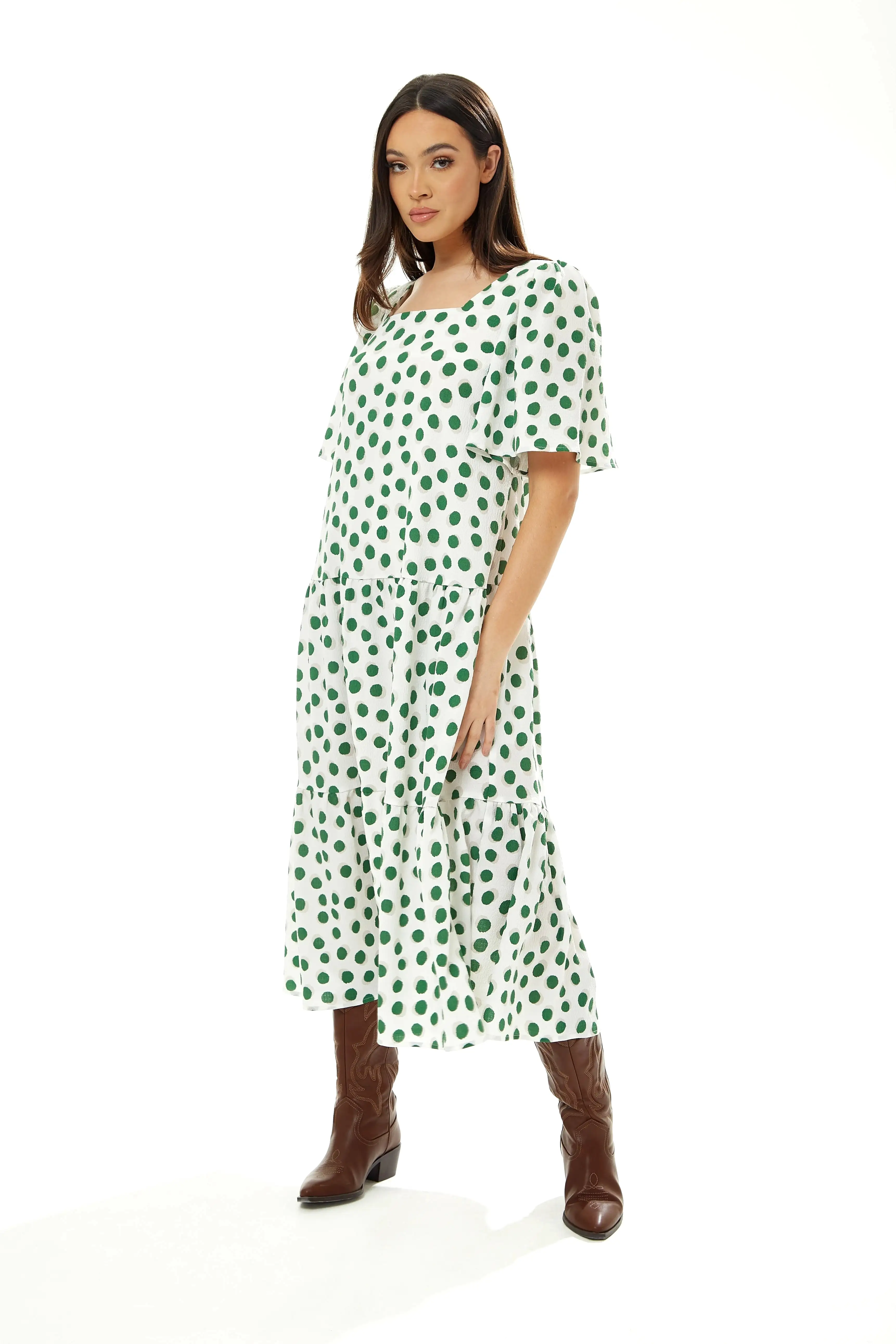 Liquorish A Line Midi Dress In Green Polka Dot