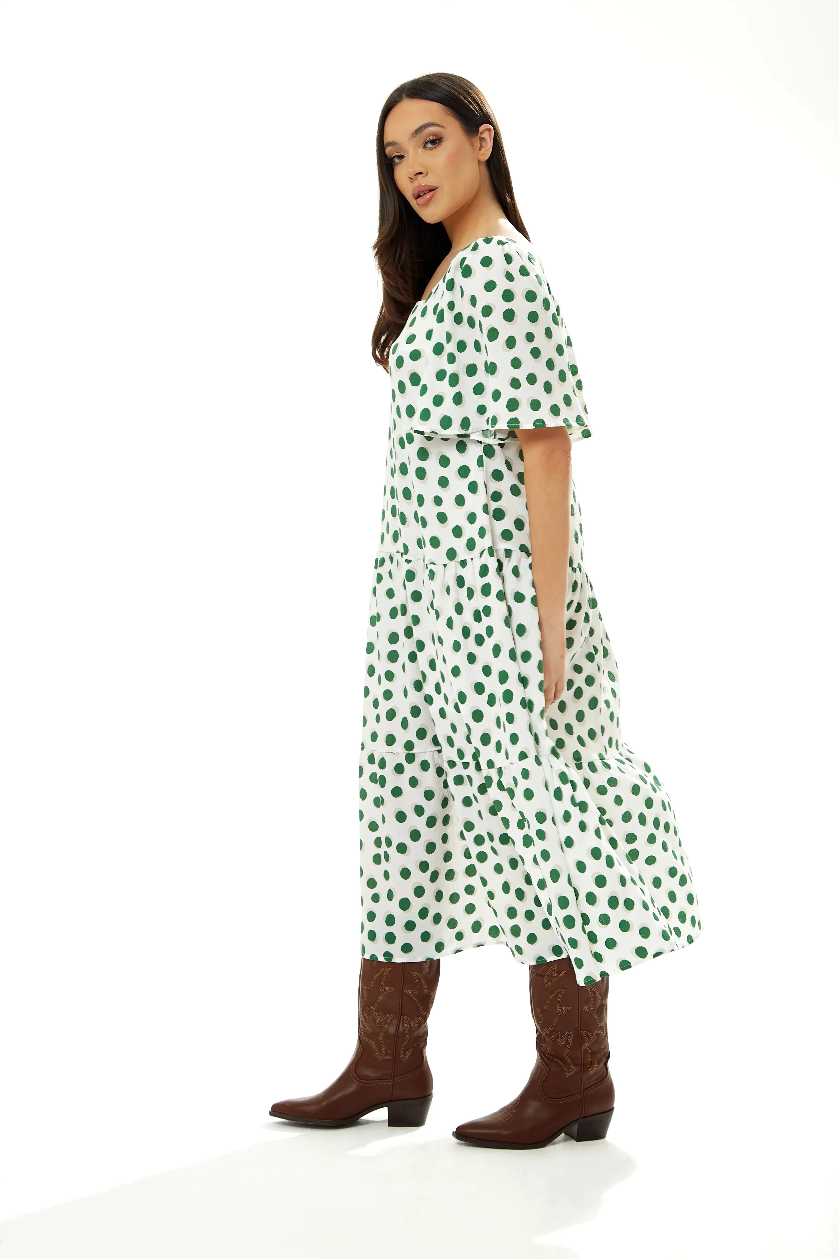 Liquorish A Line Midi Dress In Green Polka Dot