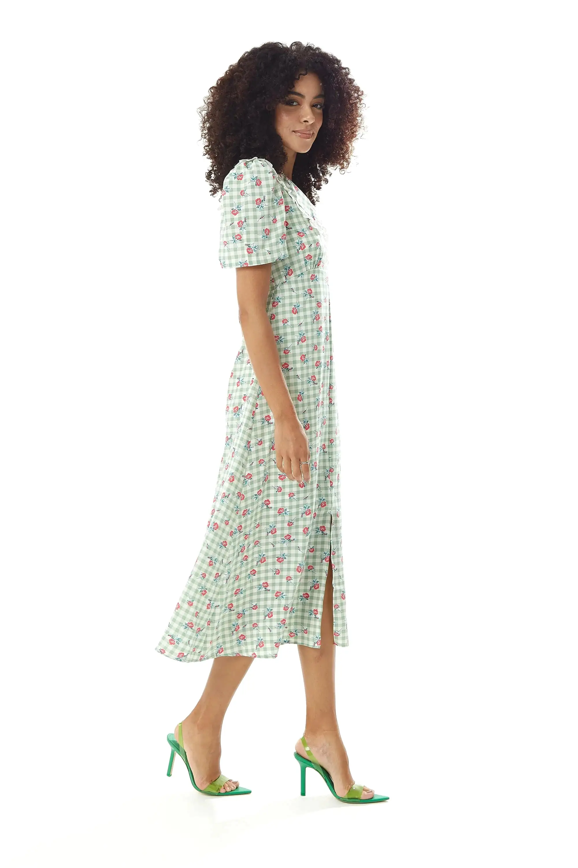 Liquorish Gingham Floral Midi Dress In With Lace