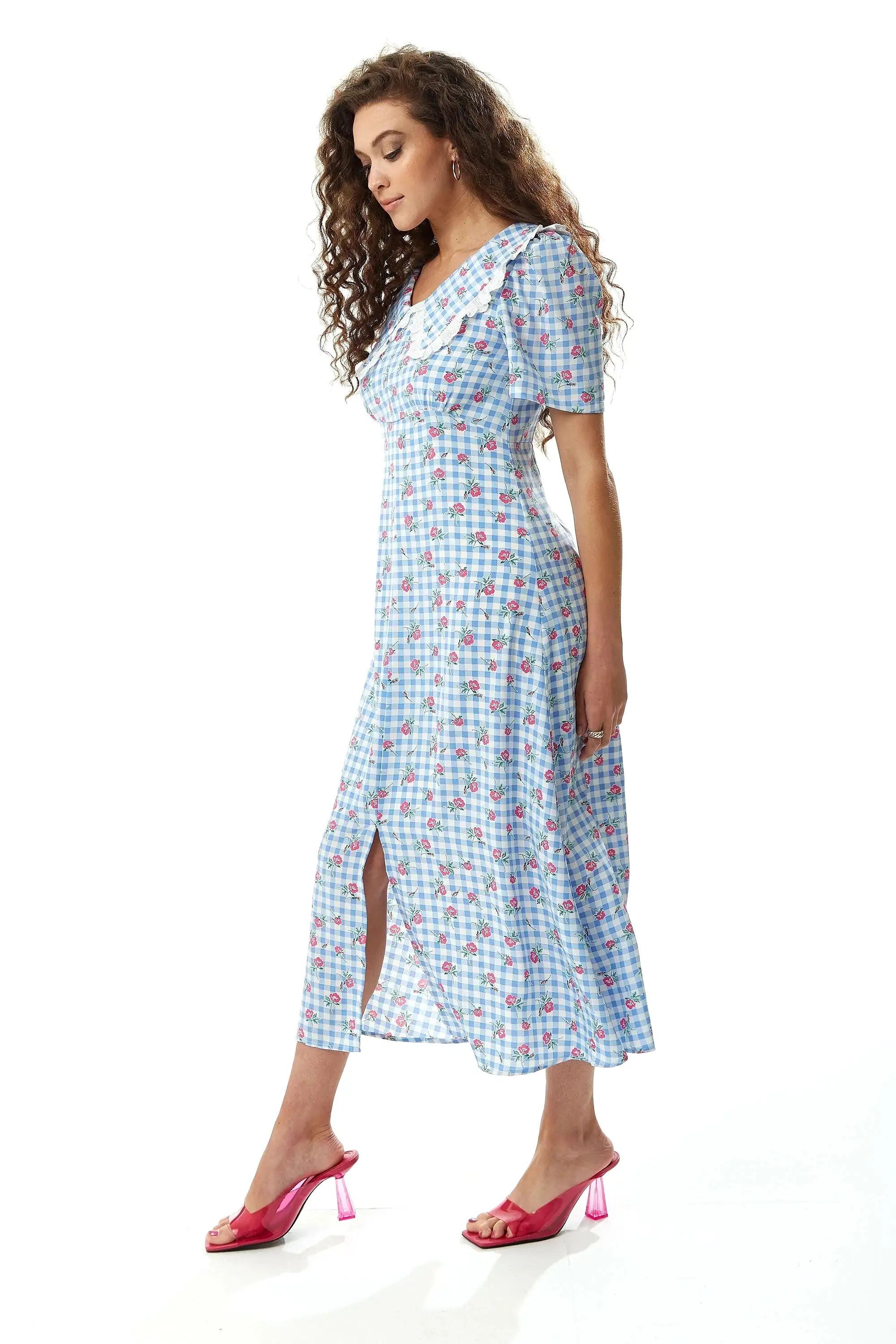 Liquorish Gingham Floral Midi Dress In With Lace