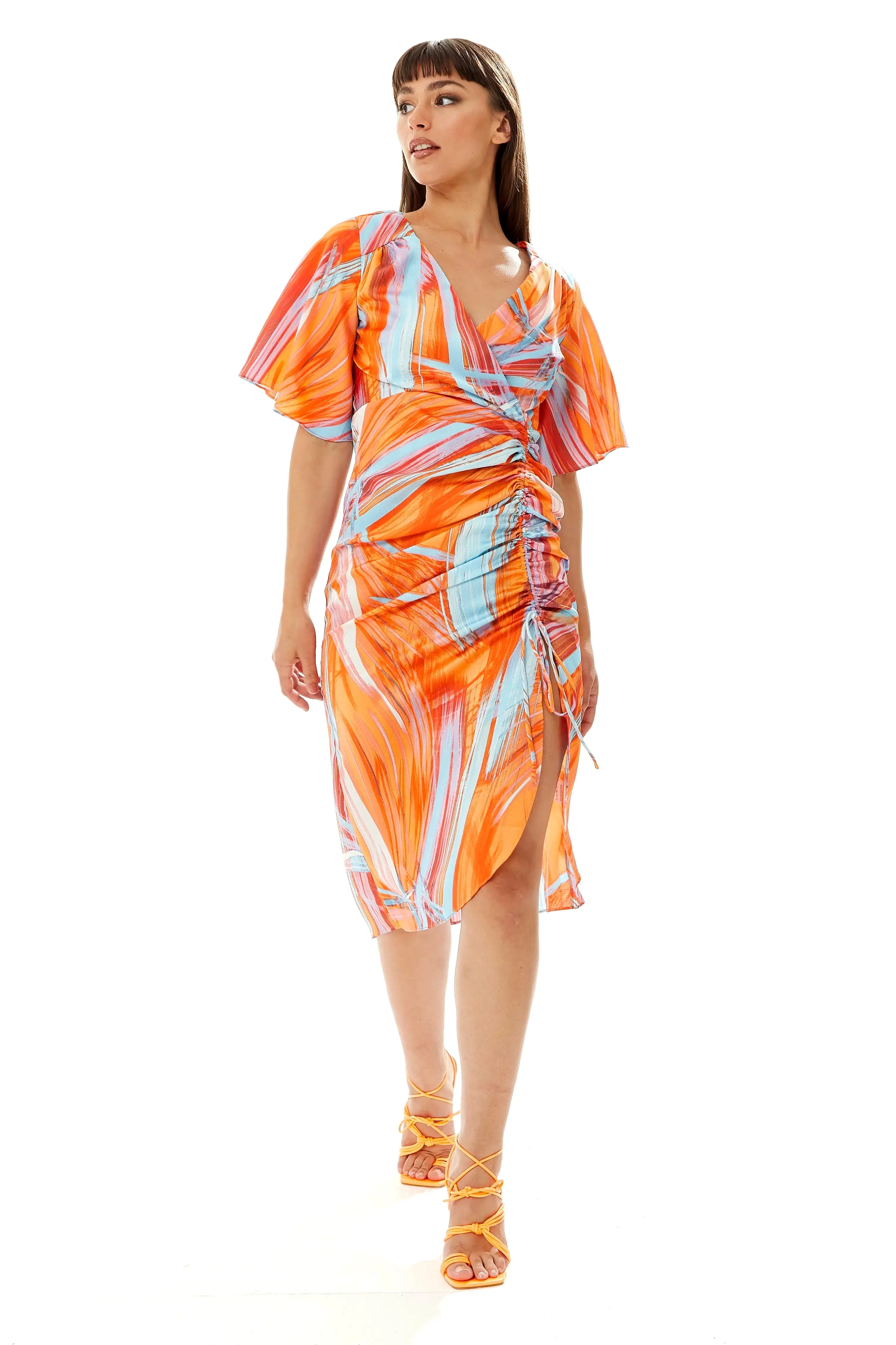 Liquorish Rouching Abstract Brush Stroke Print Midi Dress