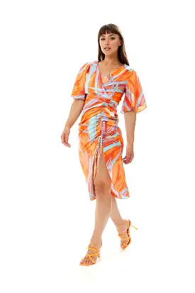 Liquorish Rouching Abstract Brush Stroke Print Midi Dress