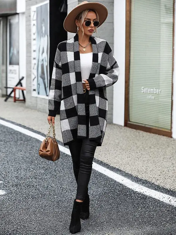 Loose Plaid Color Block Knit Cardigan Sweater