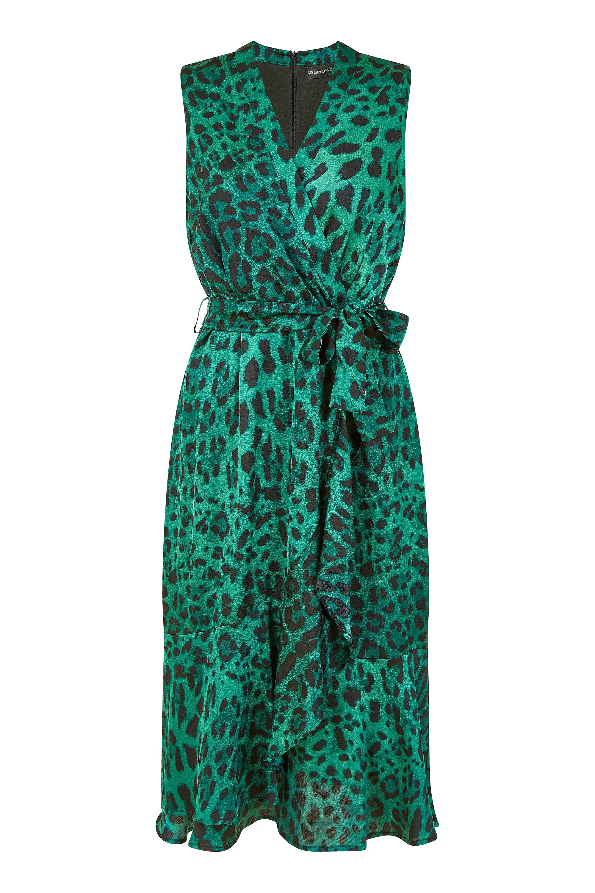 Mela London Green Animal Print Satin Wrap Midi Dress