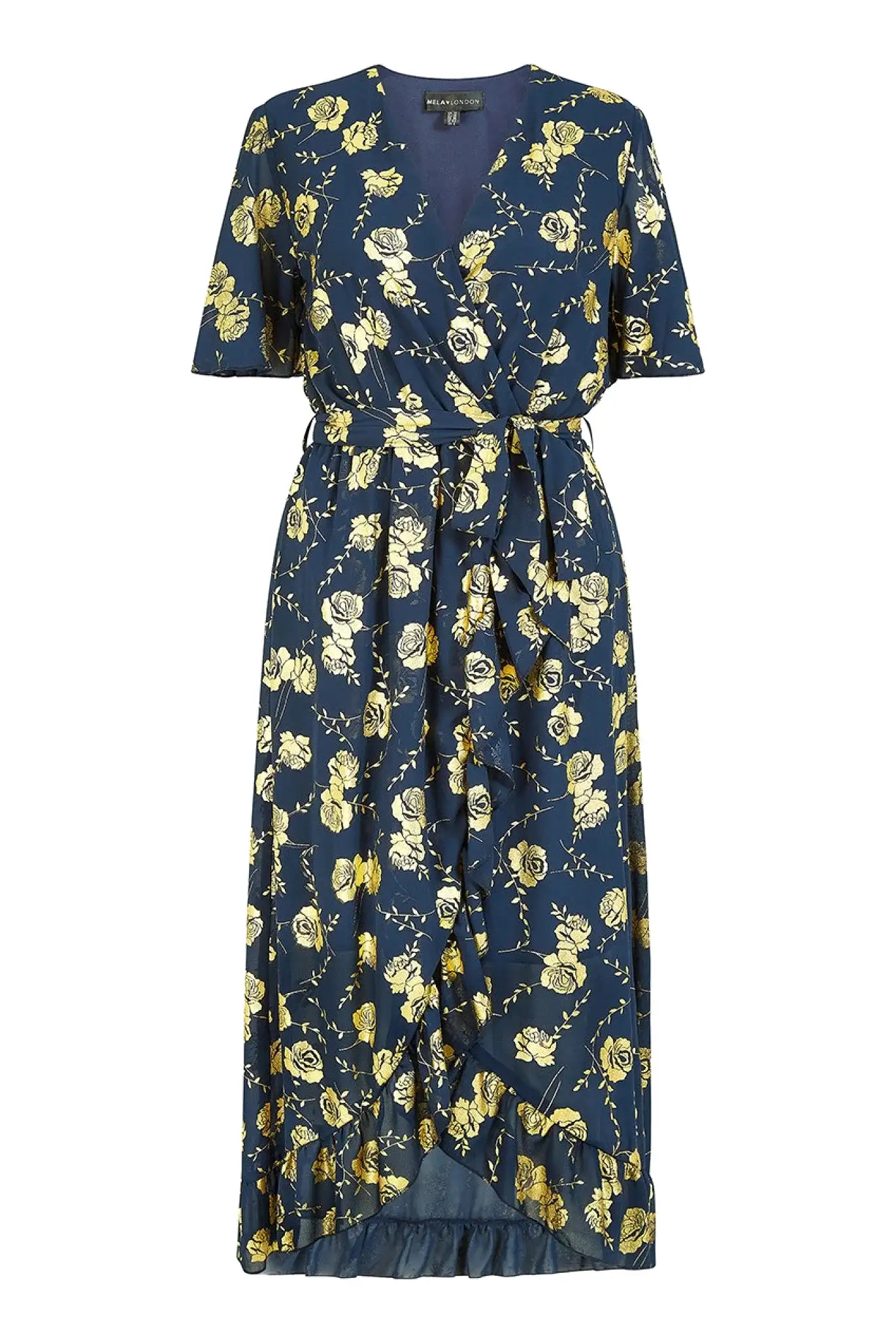 Mela London Navy Rose Foil Print Wrap Midi Dress