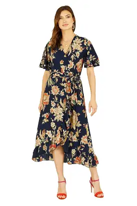 Mela London Navy Winter Floral Wrap Midi Dress