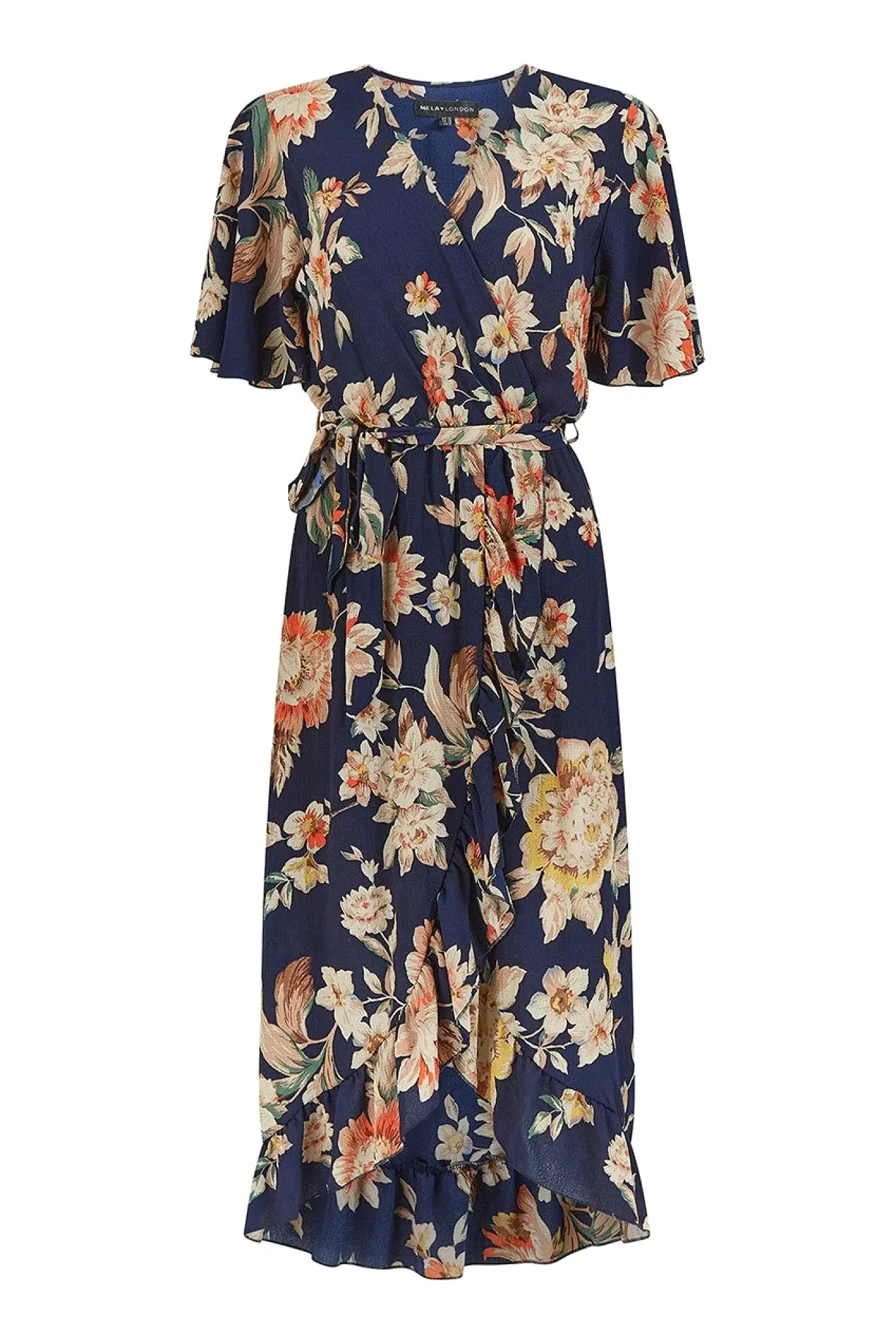 Mela London Navy Winter Floral Wrap Midi Dress