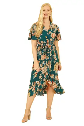 Mela London Teal Winter Floral Wrap Midi Dress