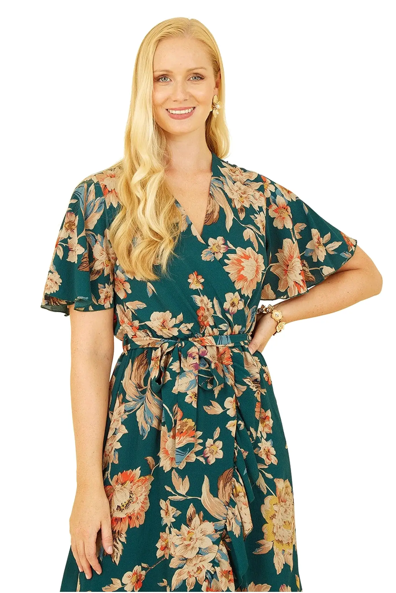 Mela London Teal Winter Floral Wrap Midi Dress