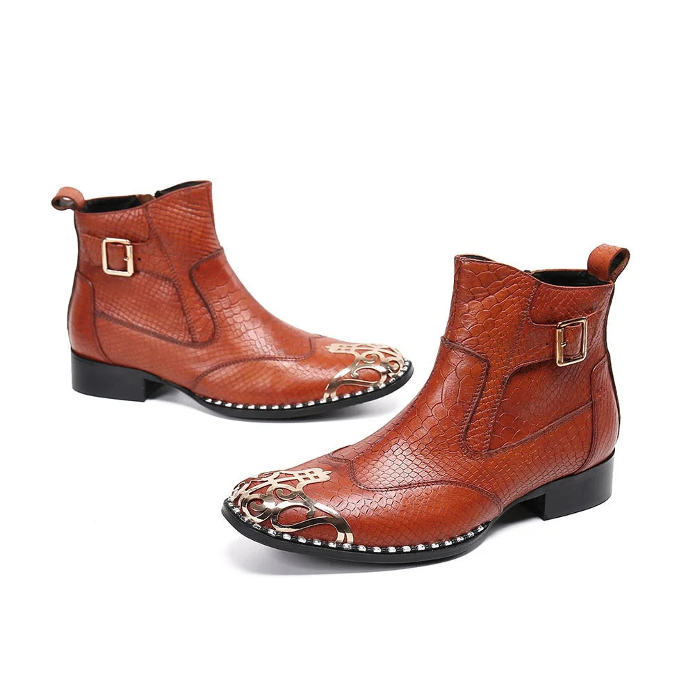 Men's Brown Genuine Leather Metal Toe Motorcycle Business Ankle Boots