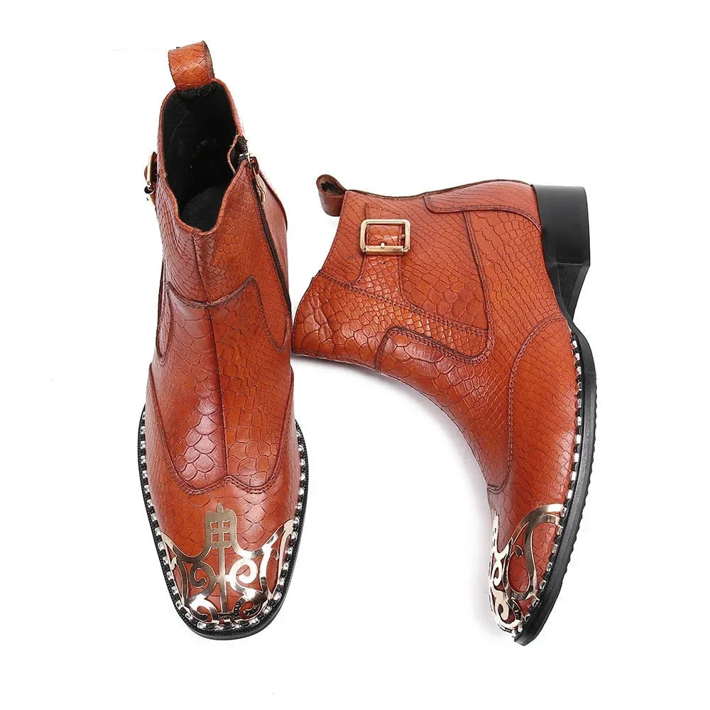 Men's Brown Genuine Leather Metal Toe Motorcycle Business Ankle Boots