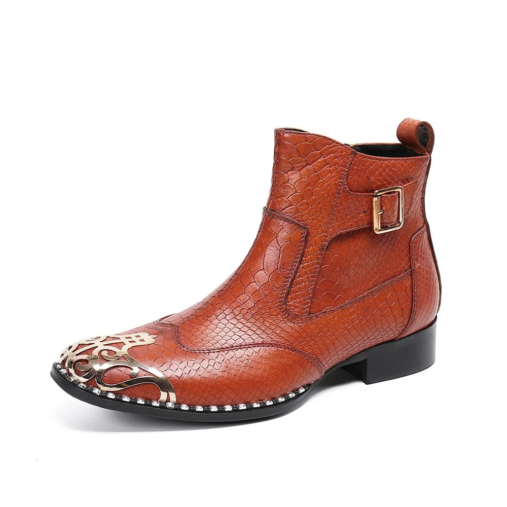 Men's Brown Genuine Leather Metal Toe Motorcycle Business Ankle Boots