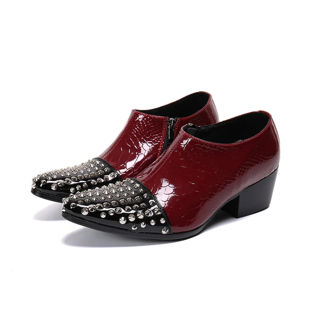 Men's Japanese Genuine Leather Pointed Toe Rivet High Heel Ankle Boots