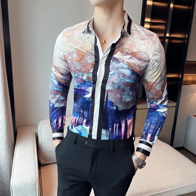 Men's Korean Fashion Autumn Luxury Printed Pattern Long Sleeve Shirt