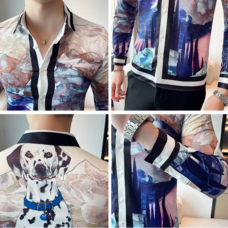 Men's Korean Fashion Autumn Luxury Printed Pattern Long Sleeve Shirt