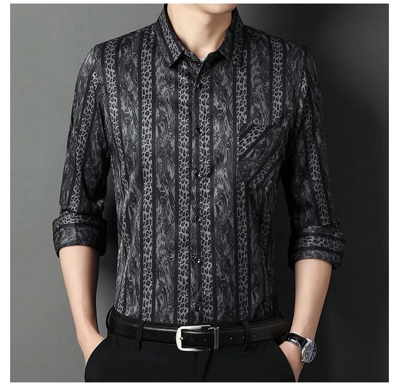 Men's Korean Striped Square Collar Long Sleeve Shirt with Pocket