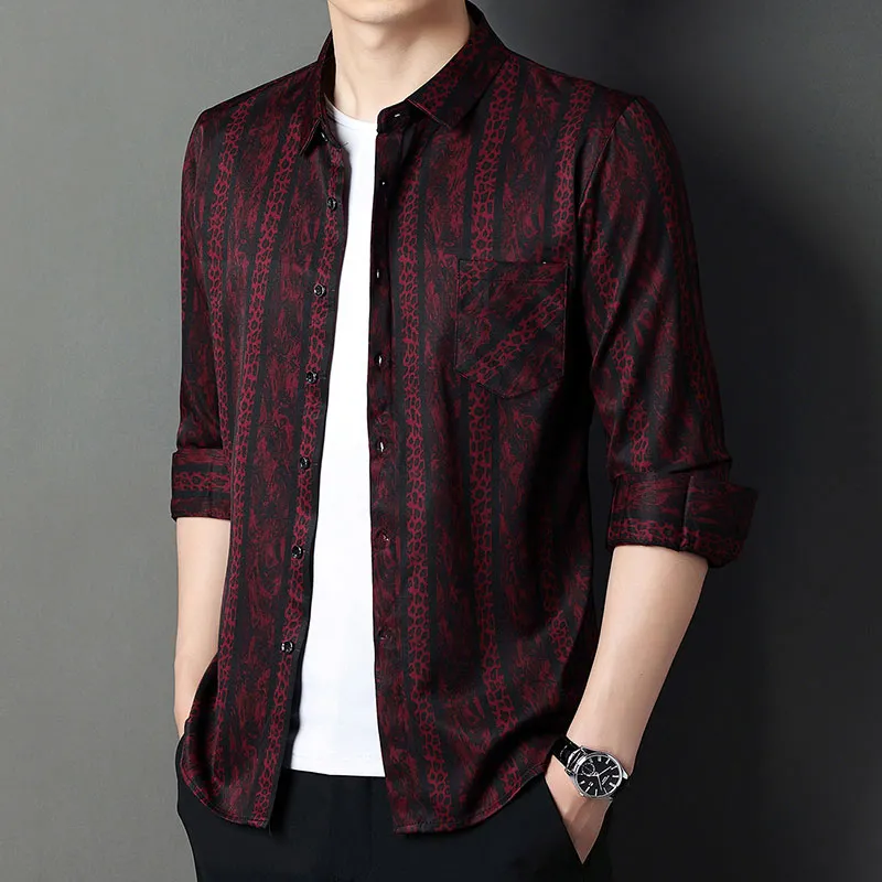 Men's Korean Striped Square Collar Long Sleeve Shirt with Pocket