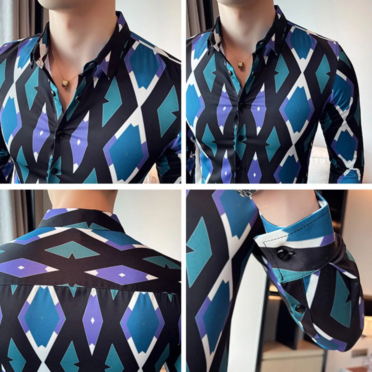 Men's Korean Style Diamond Pattern Printed Long Sleeve Shirt