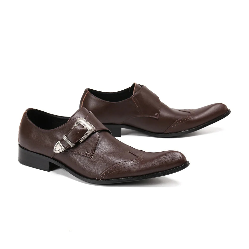 Men's Luxury Handmade Genuine Leather Pointed Toe Buckle Dress Shoes