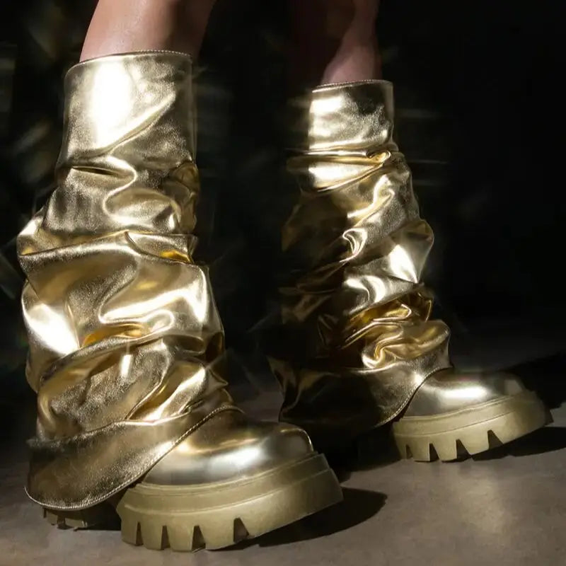 Metallic Boots Mid Calf In Gold Shark Botas Luxury Winter Platform y2k Shoes For Women Free Shipping