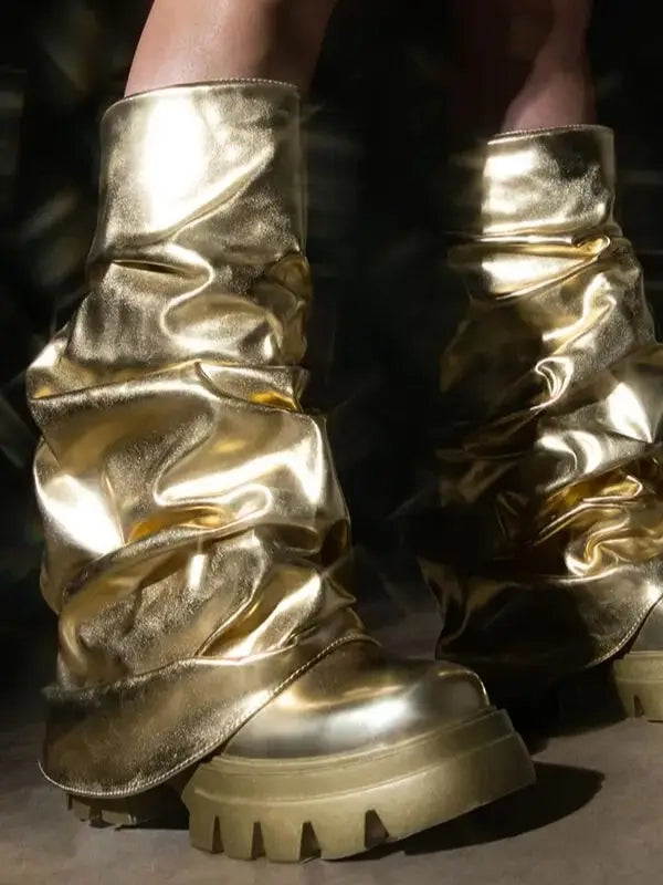 Metallic Boots Mid Calf In Gold Shark Botas Luxury Winter Platform y2k Shoes For Women Free Shipping