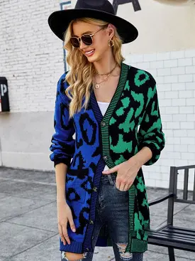 Mid-Length Leopard Knitted Cardigan Sweater